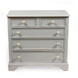 A MODERN GREEN PAINTED PINE CHEST OF TWO SHORT AND THREE LONG DRAWERS with turned knob handles and