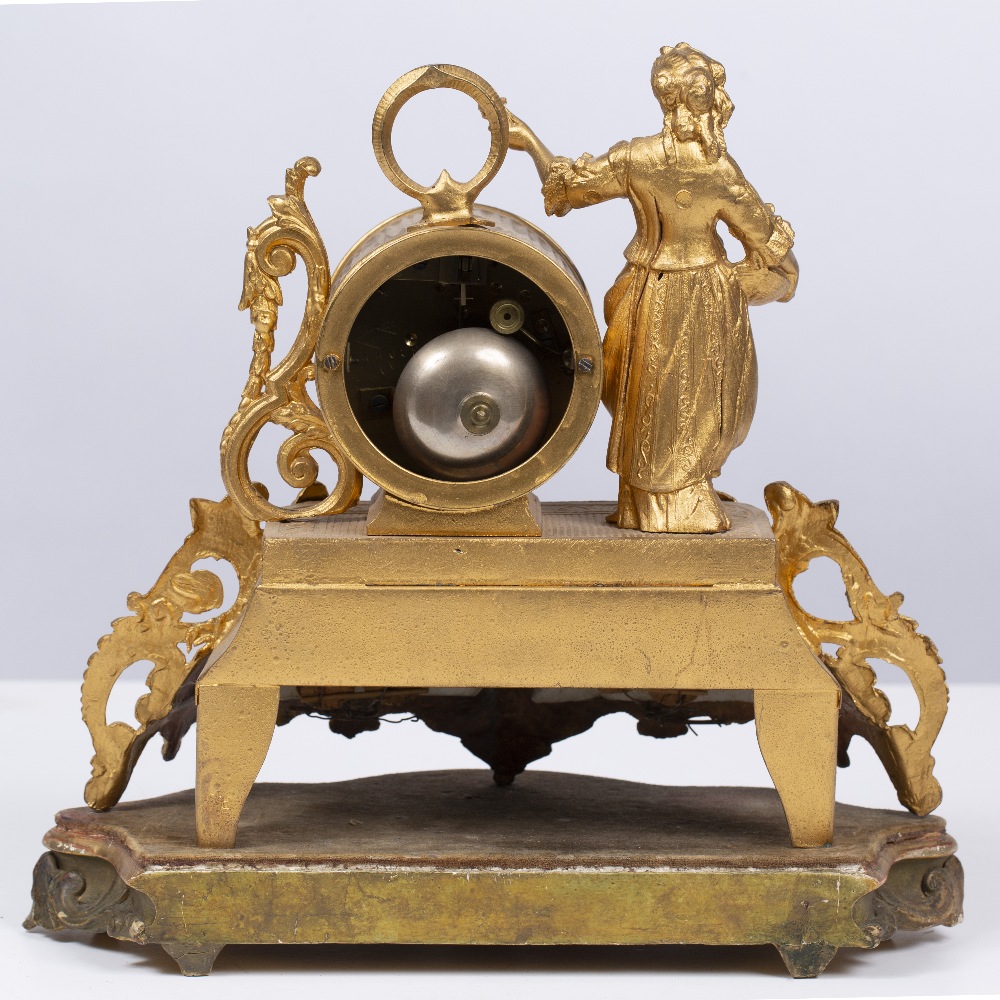 A 19TH CENTURY CONTINENTAL GOLD PAINTED SPELTER MANTLE CLOCK the dial and case set with flower - Image 2 of 3