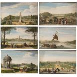 A SET OF SIX HAND COLOURED ENGRAVINGS to include a view of The Queen's Theatre at Stow with the