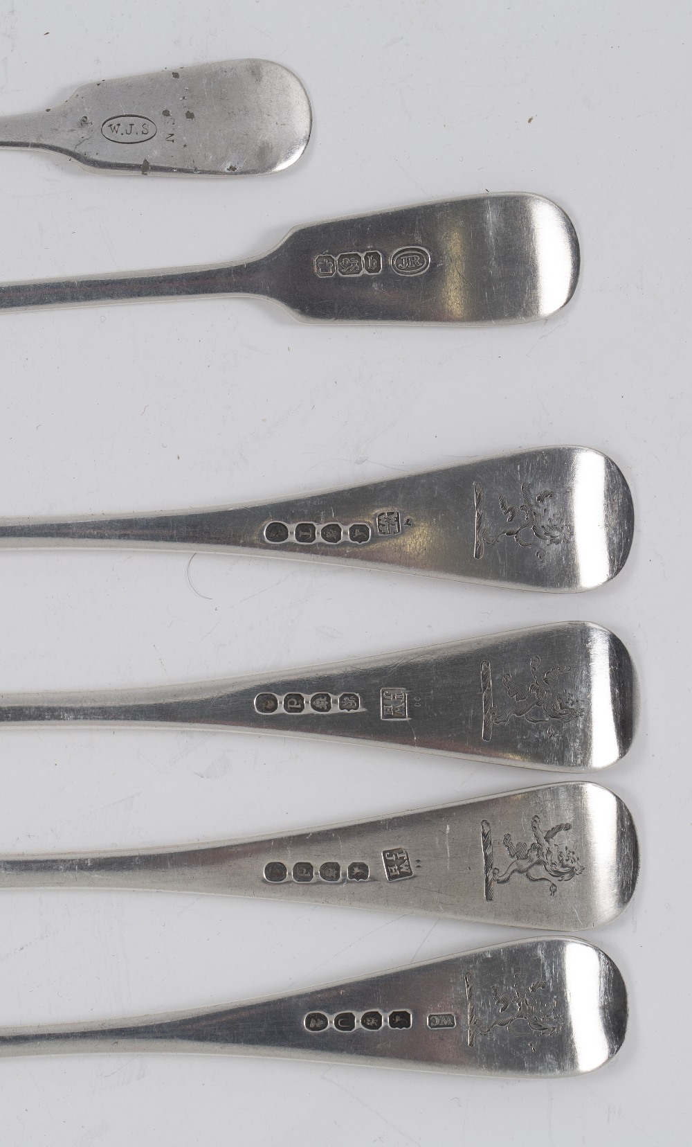 A MATCHED SET OF FOUR GEORGE III SILVER OLD ENGLISH PATTERN FORKS two with marks for 1819 together - Image 2 of 3