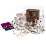 A CASED SET OF SIX SILVER TEASPOONS, a collection of silver plated wares to include two entree