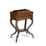 A 19TH CENTURY WALNUT WORKTABLE with a satinwood lining and a single frieze drawer, 52cm wide x 53cm