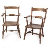 TWO LATE 19TH / EARLY 20TH CENTURY ASH AND ELM OXFORD PATTERN OPEN ARMCHAIRS with turned supports,