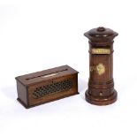 AN EDWARDIAN OAK POSTING BOX with engraved label to the top and pierced brass grill to the door at