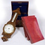 AN OAK ANEROID BAROMETER AND THERMOMETER with ceramic dial signed 'J Lizars of Glasgow', 27cm wide x