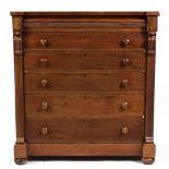 A 19TH CENTURY NORTH COUNTRY MAHOGANY CHEST OF SIX LONG GRADUATED DRAWERS with pilaster columns to