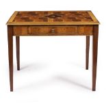 A MODERN YEW WOOD PARQUETRY VENEERED TABLE with a single drawer and square tapering legs, 94cm