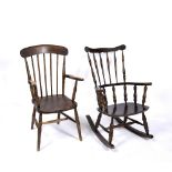A STICK BACK WINDSOR ARMCHAIR together with a dark stained wooden rocking chair (2) Condition: minor