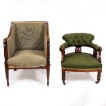 A VICTORIAN WALNUT GREEN UPHOLSTERED ARMCHAIR with turned front legs and ceramic casters together