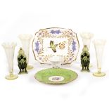 A SMALL GROUP OF CHINA AND GLASS to include four early 20th century opalescent vaseline glass posy