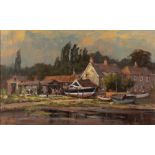 JOHN NEALE (LATE 20TH CENTURY ENGLISH SCHOOL) 'Boats and Reflections, Pinmill, Suffolk', oil on