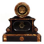 A LATE 19TH CENTURY FRENCH SLATE AND MARBLE MANTLE CLOCK the gilt and black enamelled dial with