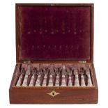 A CASED SET OF ANTIQUE SILVER FRUIT KNIVES AND FORKS with marks for London 1899 and 1900 to