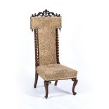 A VICTORIAN MAHOGANY FRAMED PRIE-DIEU LOW CHAIR with spiral turned supports and cabriole legs,