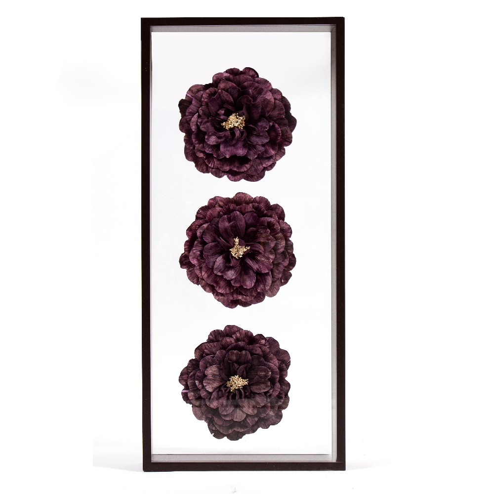 THREE DECORATIVE FLOWER MODELS mounted in a glazed wall cabinet, overall 35cm wide x 10cm deep x