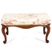A 19TH CENTURY ROSEWOOD FRAMED UPHOLSTERED STOOL with cabriole legs and scrolling feet, 86cm wide