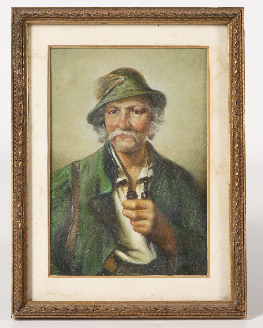 19TH CENTURY CONTINENTAL SCHOOL Huntsman in feathered cap smoking a pipe, oil on board, 16cm x - Image 2 of 3