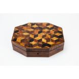 A 19TH CENTURY SPECIMEN WOOD PARQUETRY WORKBOX of octagonal form, 28cm wide x 21.5cm deep x 7cm high