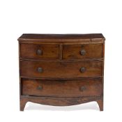 A 19TH CENTURY MAHOGANY BOW FRONTED CHEST OF TWO SHORT AND TWO LONG DRAWERS raised on bracket
