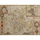 AN EARLY 18TH CENTURY HAND COLOURED MAP OF WORCESTERSHIRE by John Speede, 38cm x 50cm, framed and