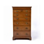 AN EDWARDIAN MAHOGANY CUPBOARD with single door and six faux drawers, brass ring handles, opening to