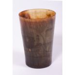 A 19TH CENTURY HORN BEAKER decorated with a carriage driving past a country house, 7cm diameter x