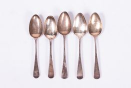FIVE GEORGIAN SILVER OLD ENGLISH PATTERN SERVING SPOONS approximately 22cm in length and 270 grams