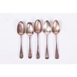 FIVE GEORGIAN SILVER OLD ENGLISH PATTERN SERVING SPOONS approximately 22cm in length and 270 grams