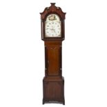 A 19TH CENTURY OAK AND MAHOGANY EIGHT DAY LONGCASE CLOCK the case with crossbanded shaped door,