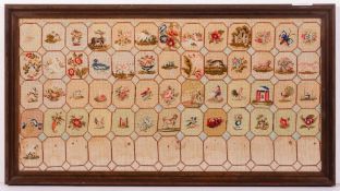 A 19TH CENTURY NEEDLEWORK SAMPLER TYPE PANEL depicting animals and flowers within a diamond cornered