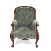 A WILLIAM IV MAHOGANY ARMCHAIR with scrolling support to the arms, Draylon upholstery with button
