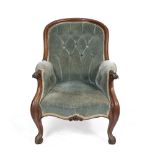 A WILLIAM IV MAHOGANY ARMCHAIR with scrolling support to the arms, Draylon upholstery with button