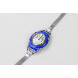 AN ART DECO FRENCH WHITE METAL AND BLUE ENAMEL LADIES WRIST WATCH the enamelled dial with arabic