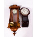 A VIENNA TYPE WALNUT CASED WALL CLOCK with two part dial, 46cm wide x approximately 120cm high