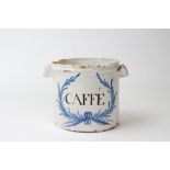 AN ANTIQUE FAIENCE TIN GLAZED CAFFE JAR 18.5cm diameter x 13.5cm high Condition: two large