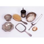 A SMALL GROUP OF SILVER AND JEWELLERY to include a silver backed mirror and brush, an 18th century