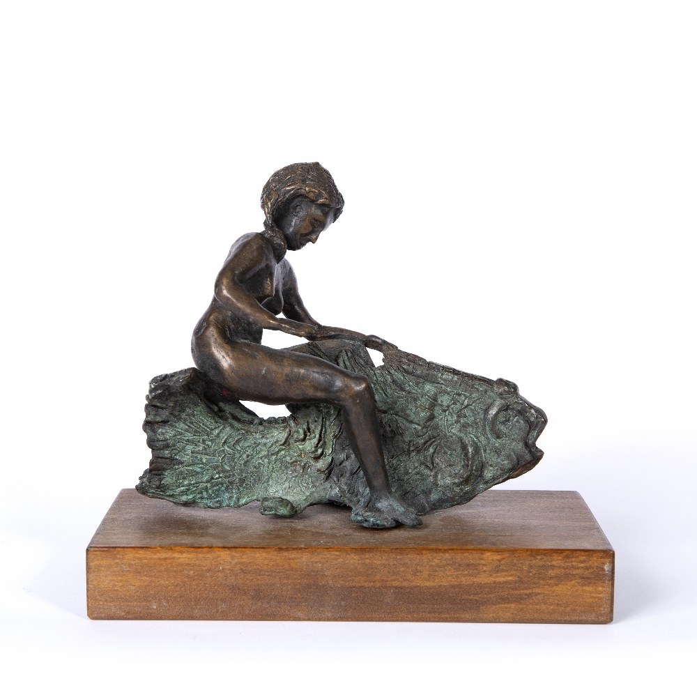 CLAUDIO PARIGI (b.1954) Woman riding on a fish, bronze, on a wooden plinth and signed beneath, the - Image 2 of 4