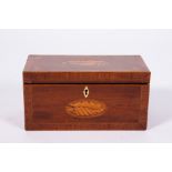 A GEORGE III WALNUT AND SATINWOOD CROSSBANDED TEA CADDY with shell inlay decoration, 26.5cm wide x