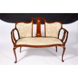 AN EDWARDIAN ART NOUVEAU STYLE MAHOGANY SATINWOOD AND MOTHER OF PEARL INLAID SUITE to include a
