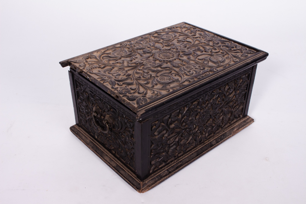 AN 18TH OR 19TH CENTURY ANGLO-INDIAN EBONY BOX with carved floral decoration and white metal hinges, - Image 3 of 5