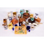 A SELECTION OF 19TH CENTURY AND LATER POTTERY to include a luster mug, blue and white mugs and jugs,