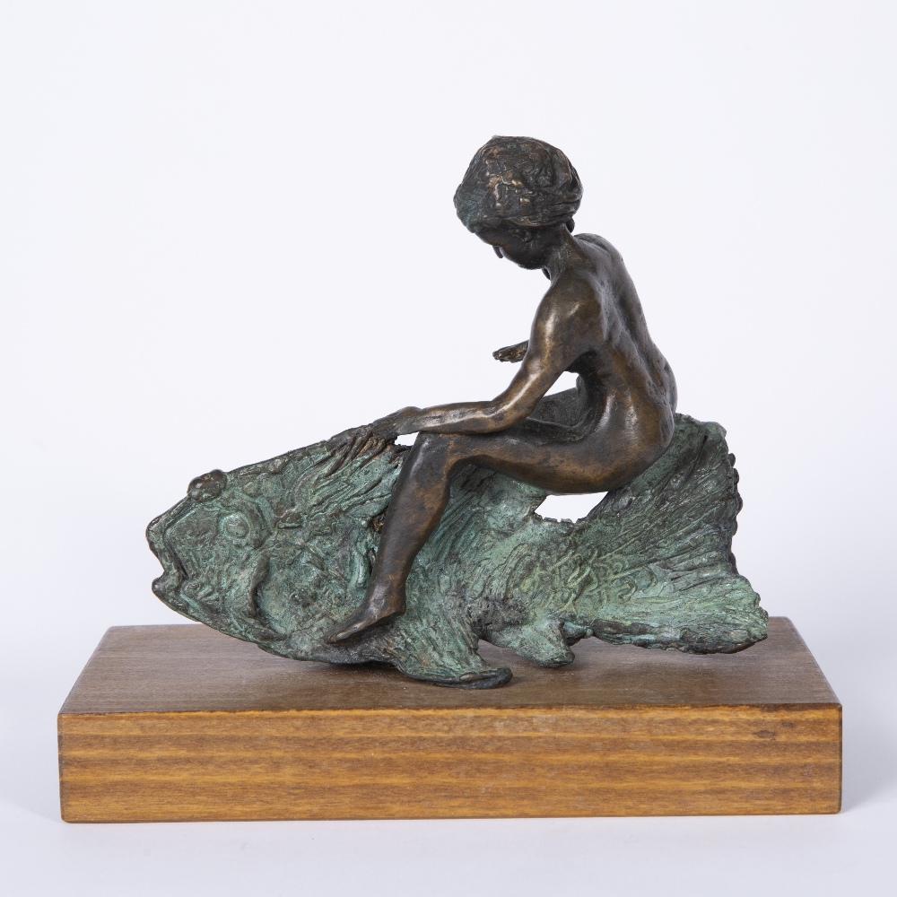 CLAUDIO PARIGI (b.1954) Woman riding on a fish, bronze, on a wooden plinth and signed beneath, the - Image 3 of 4