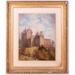 19TH CENTURY ENGLISH SCHOOL Ruined Scottish Castle with figures resting in the foreground, oil on