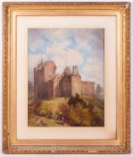 19TH CENTURY ENGLISH SCHOOL Ruined Scottish Castle with figures resting in the foreground, oil on