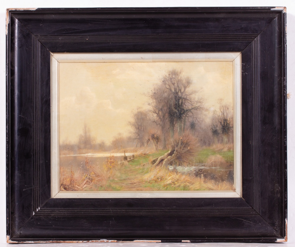 SIDNEY PIKE (1858-1923) River Scene with coppiced willows, oil on board, 22cm x 29cm, framed and