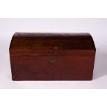 AN ANTIQUE COLONIAL HARDWOOD DOMED TOPPED TRUNK with brass handles, 87cm wide x 44cm deep x 42cm