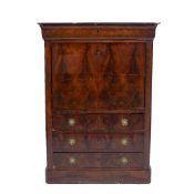 A 19TH CENTURY FRENCH MAHOGANY SECRETAIRE ABATTANT the frieze drawer over a flame veneered fall