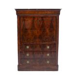 A 19TH CENTURY FRENCH MAHOGANY SECRETAIRE ABATTANT the frieze drawer over a flame veneered fall