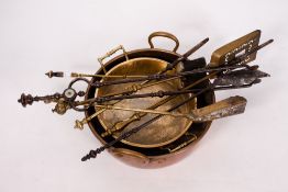 A 19TH CENTURY COPPER JAM PAN with looping handles, 46cm wide together with a brass jam pan, 42cm