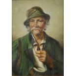 19TH CENTURY CONTINENTAL SCHOOL Huntsman in feathered cap smoking a pipe, oil on board, 16cm x